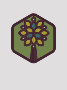 Green hexagon with brown border and stylized tree